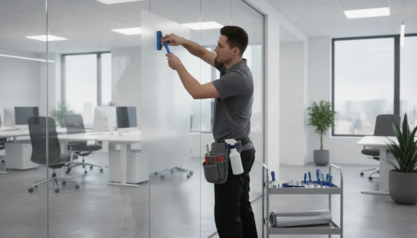 Professional technician applying smart switchable film to a large office glass partition