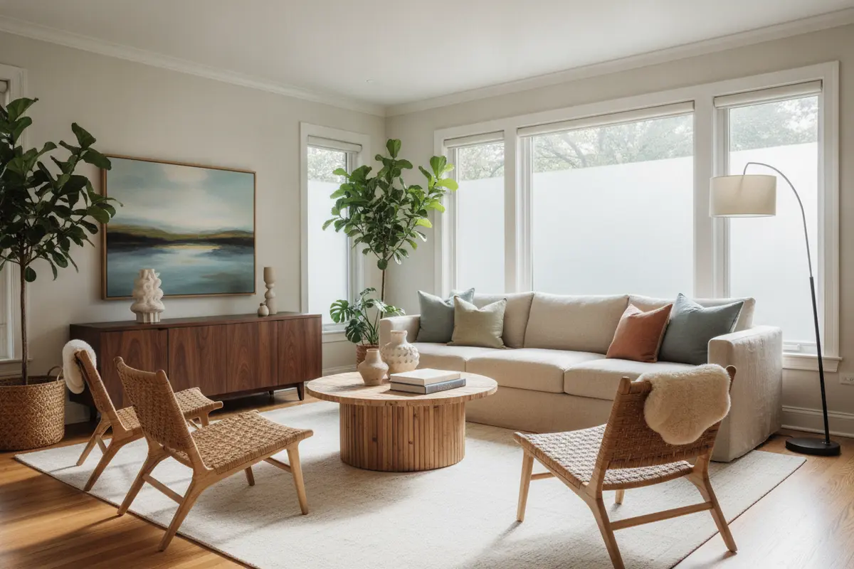Living room with filtered afternoon sunlight through residential window film