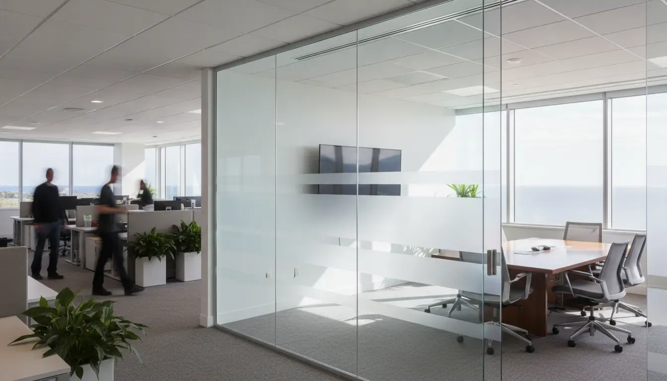 Frosted privacy window film on a Racine business conference room