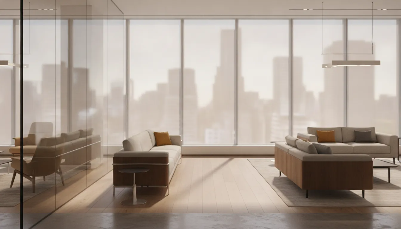 Sunlit commercial furnishings protected behind professionally filmed windows
