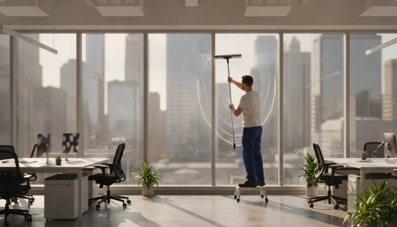 Professional installer applying commercial window film in a Chicago office