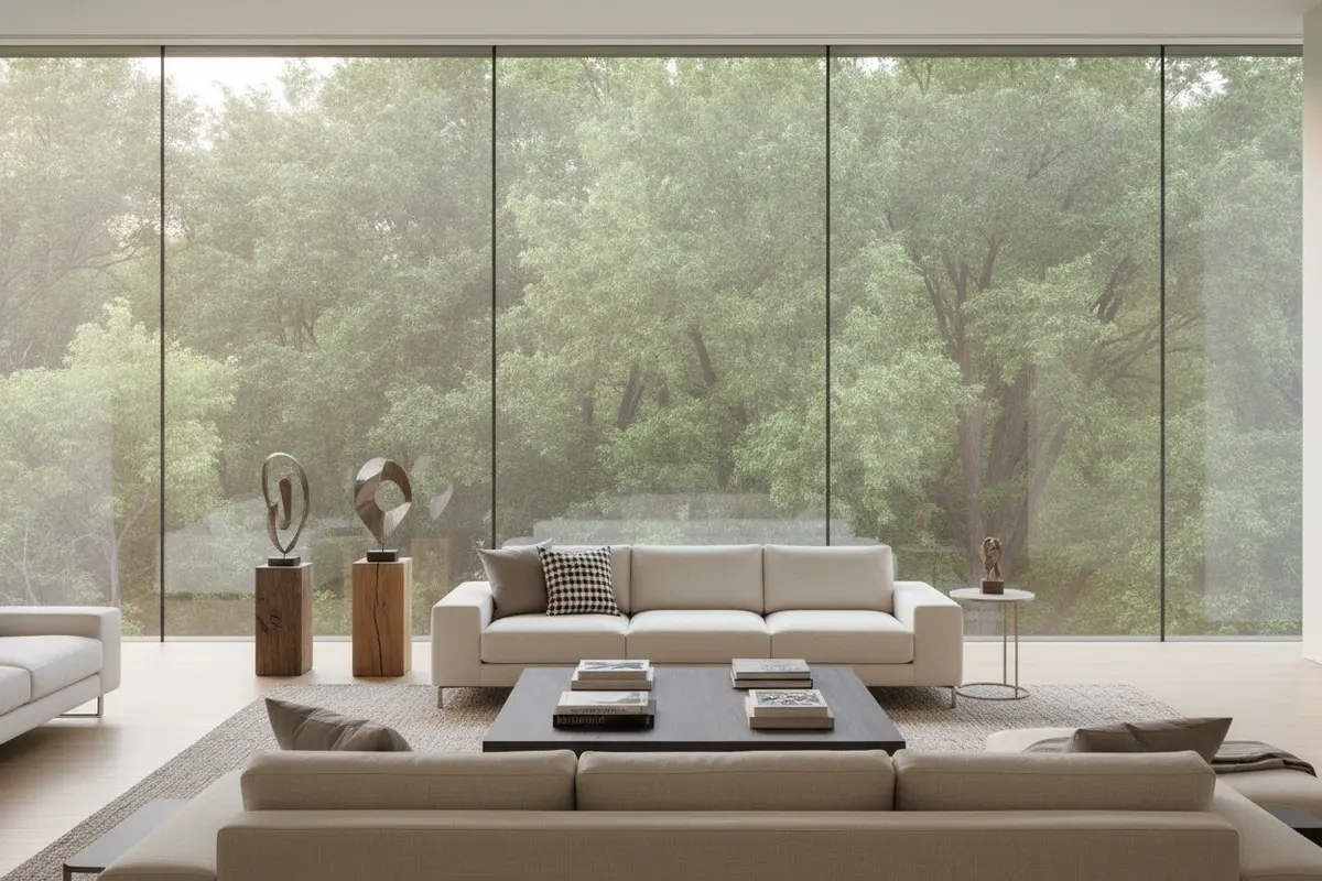 Sunlit home windows with a subtle solar-control film and clear outdoor views