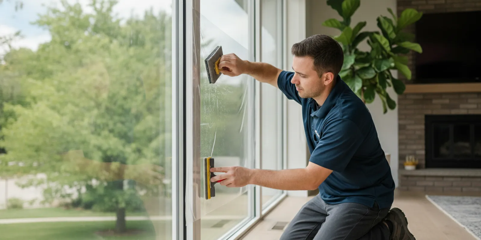 Professional installer carefully applying window film to a large Northbrook office window