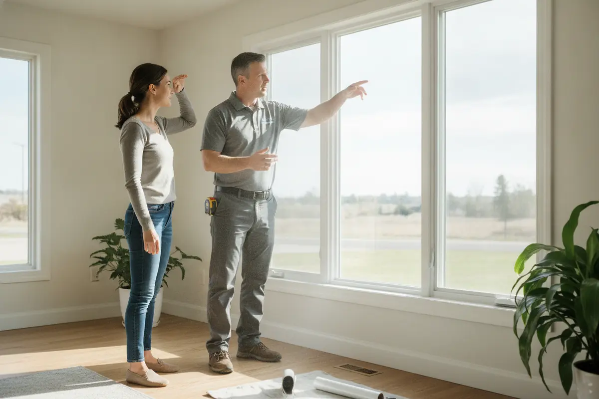 Window film professional assessing a residential window and discussing light and privacy goals with a homeowner