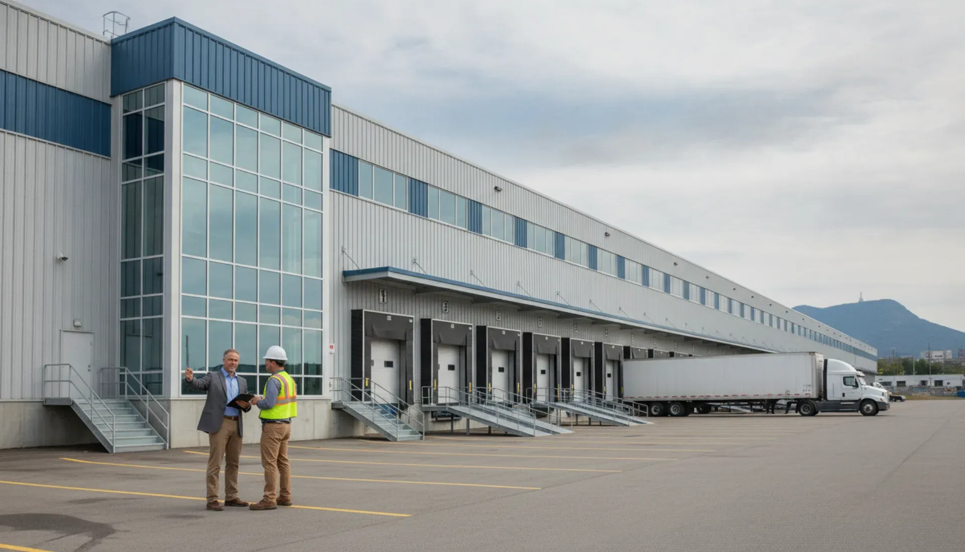 Large industrial warehouse facility in Montreal with property manager inspecting building exterior