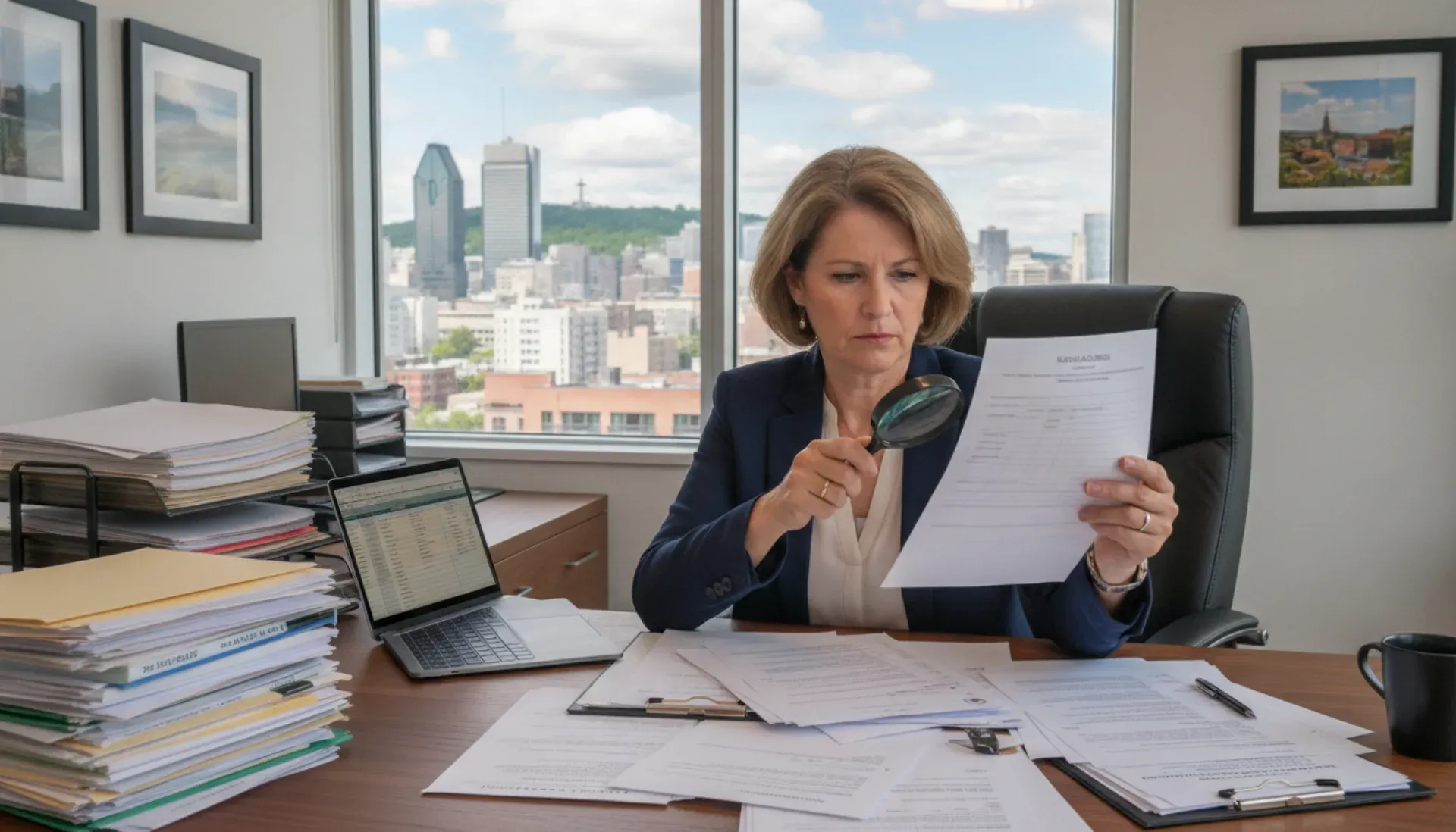 Landlord reviewing tenant screening applications and background checks in Montreal office
