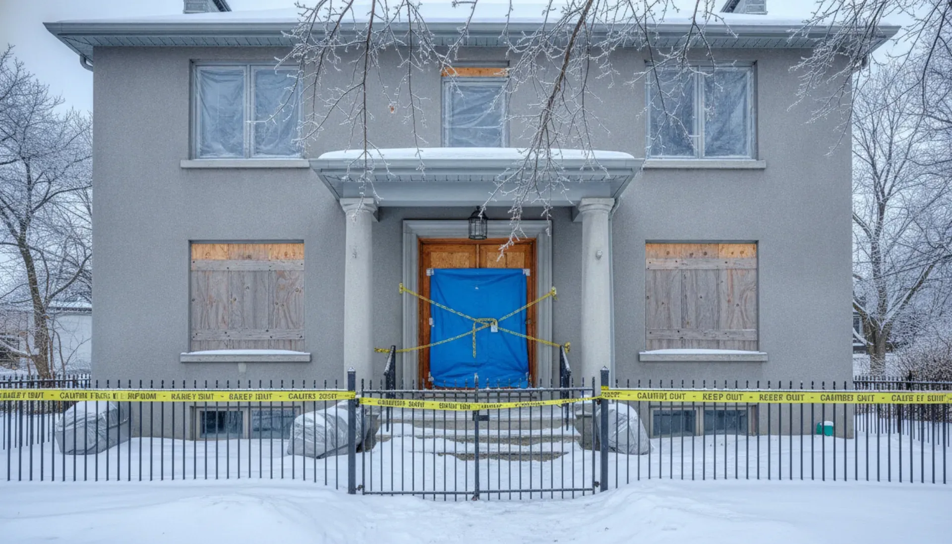 Secured vacant residential property in Montreal with safety measures and locked entry