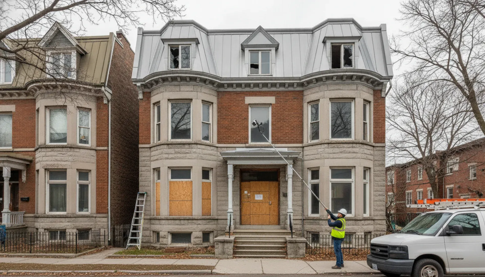 Property inspector checking exterior of vacant Montreal home inspecting windows and roof