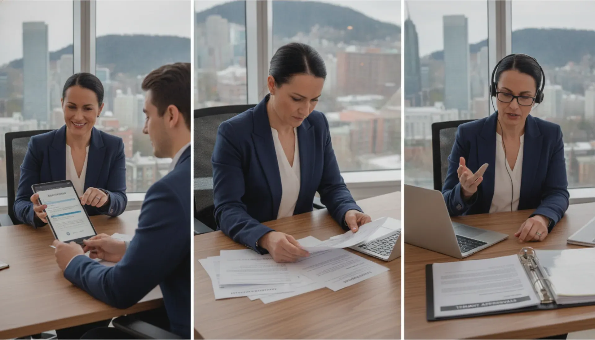 Property manager reviewing tenant screening documents in modern Montreal office step-by-step