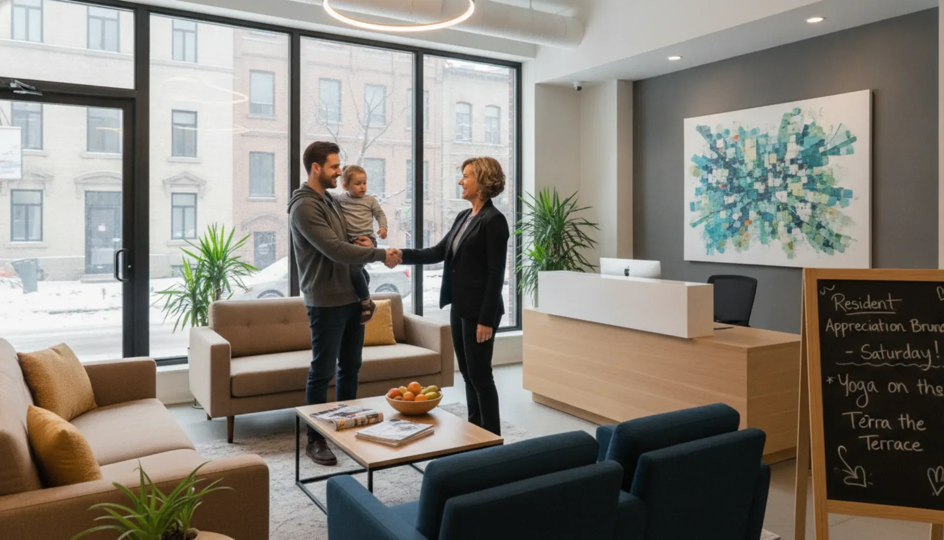 Property manager implementing tenant retention strategies in modern Montreal rental office