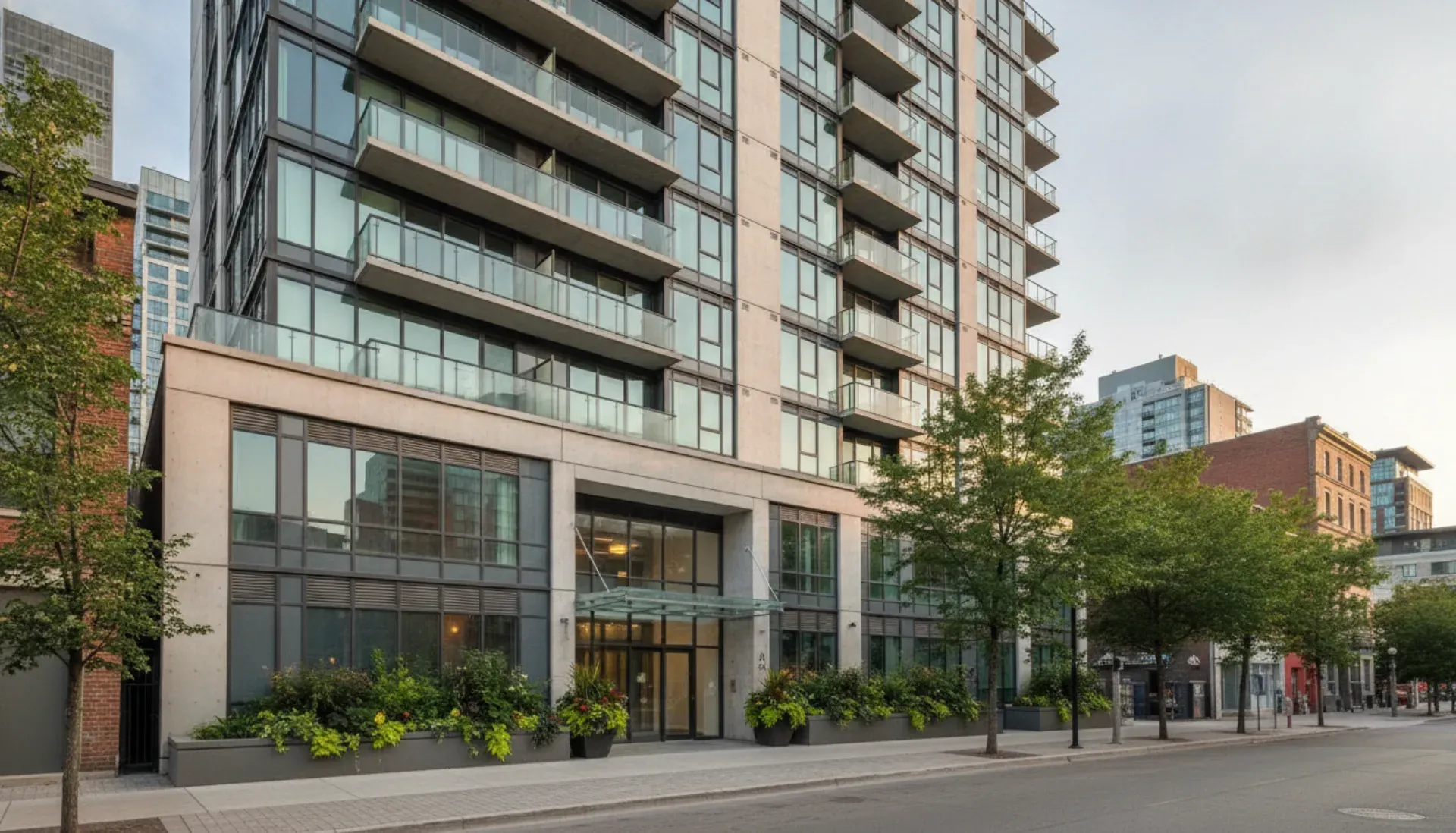 Modern condominium high-rise building exterior in Montreal