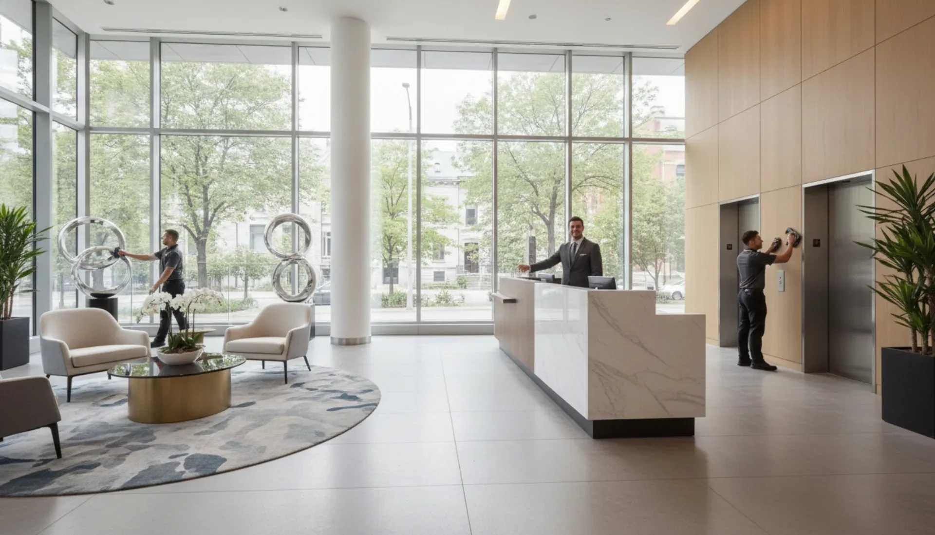 Modern condo lobby in Montreal with concierge and professional management