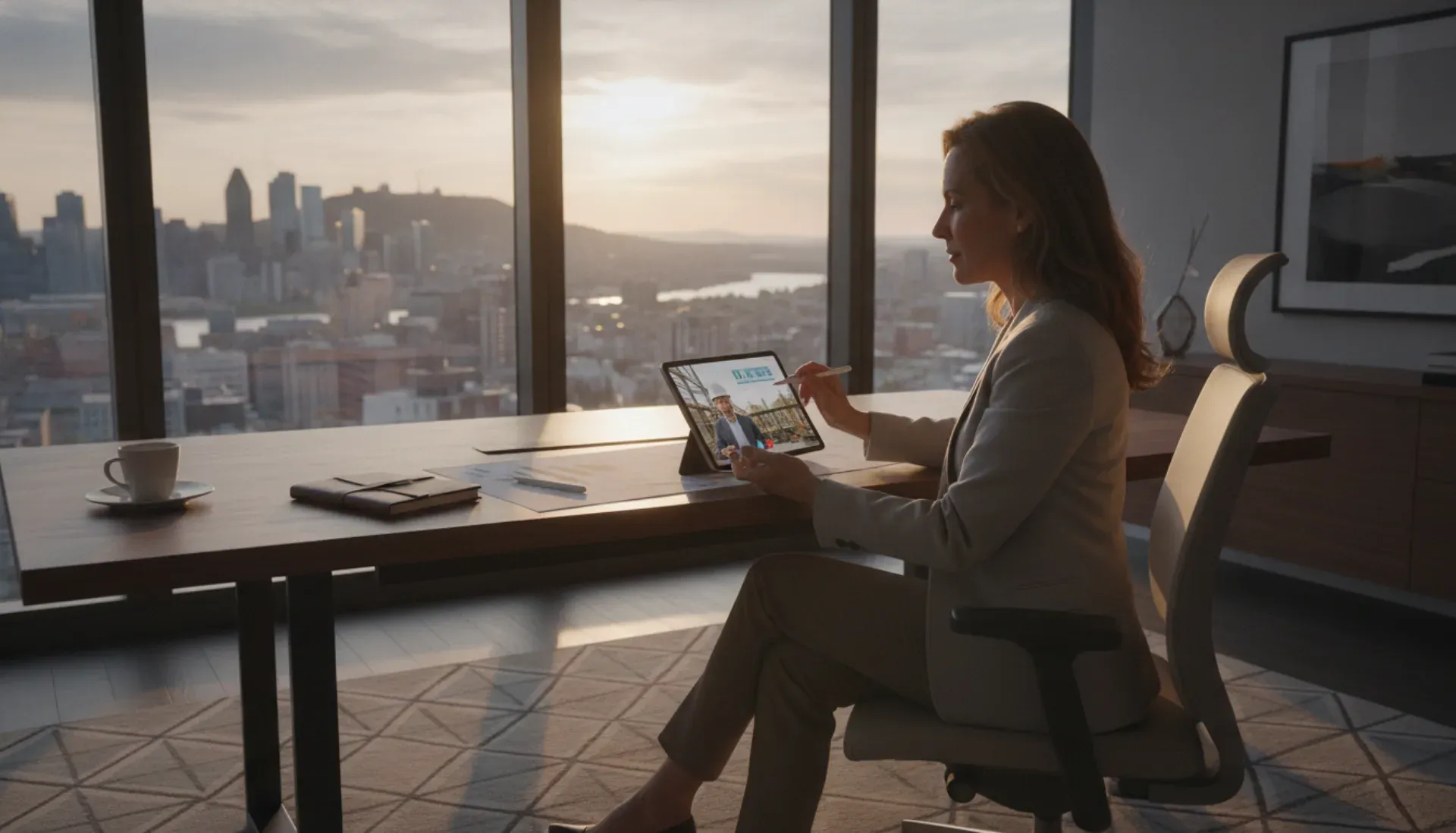 International investor reviewing Montreal property documents on tablet during video call
