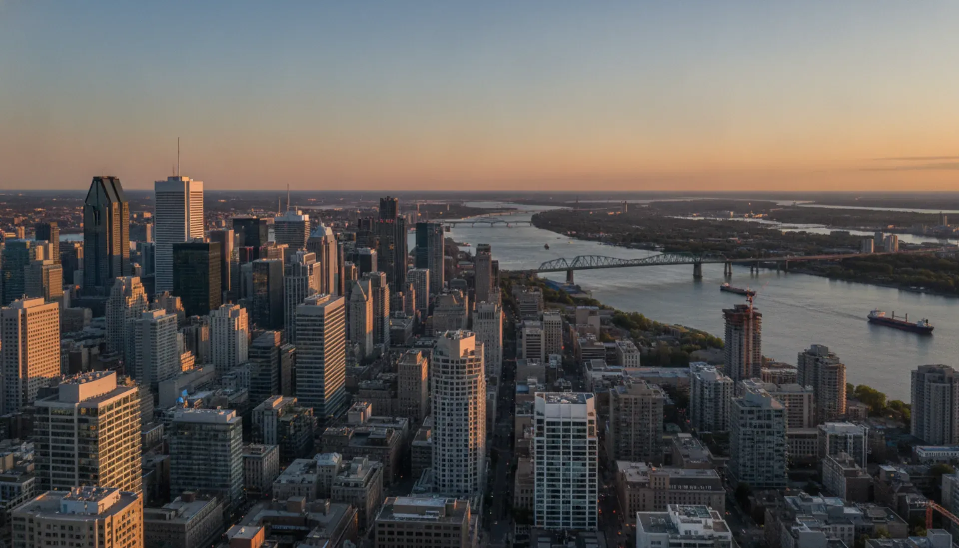 Downtown Montreal skyline view with St. Lawrence River and city architecture