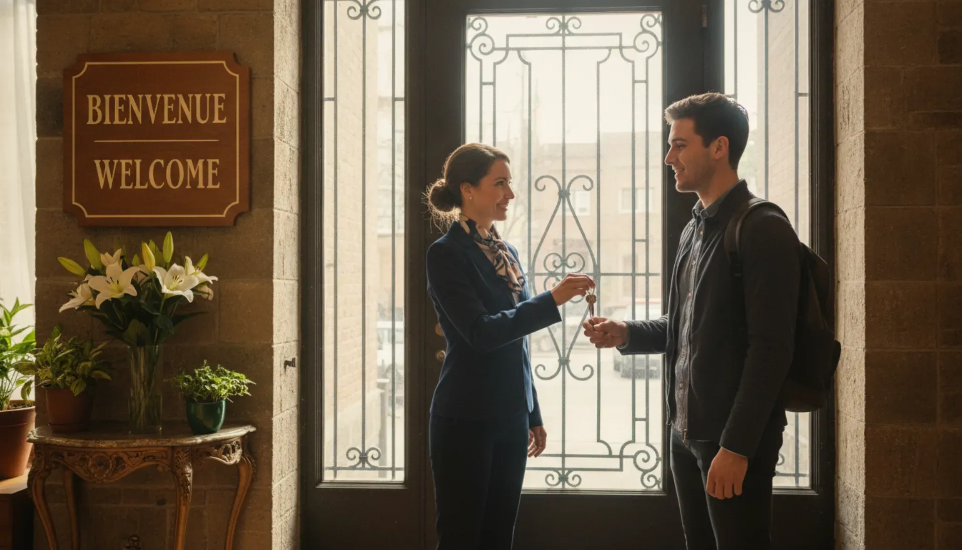 Property manager handing keys to tenant at Montreal apartment building entrance