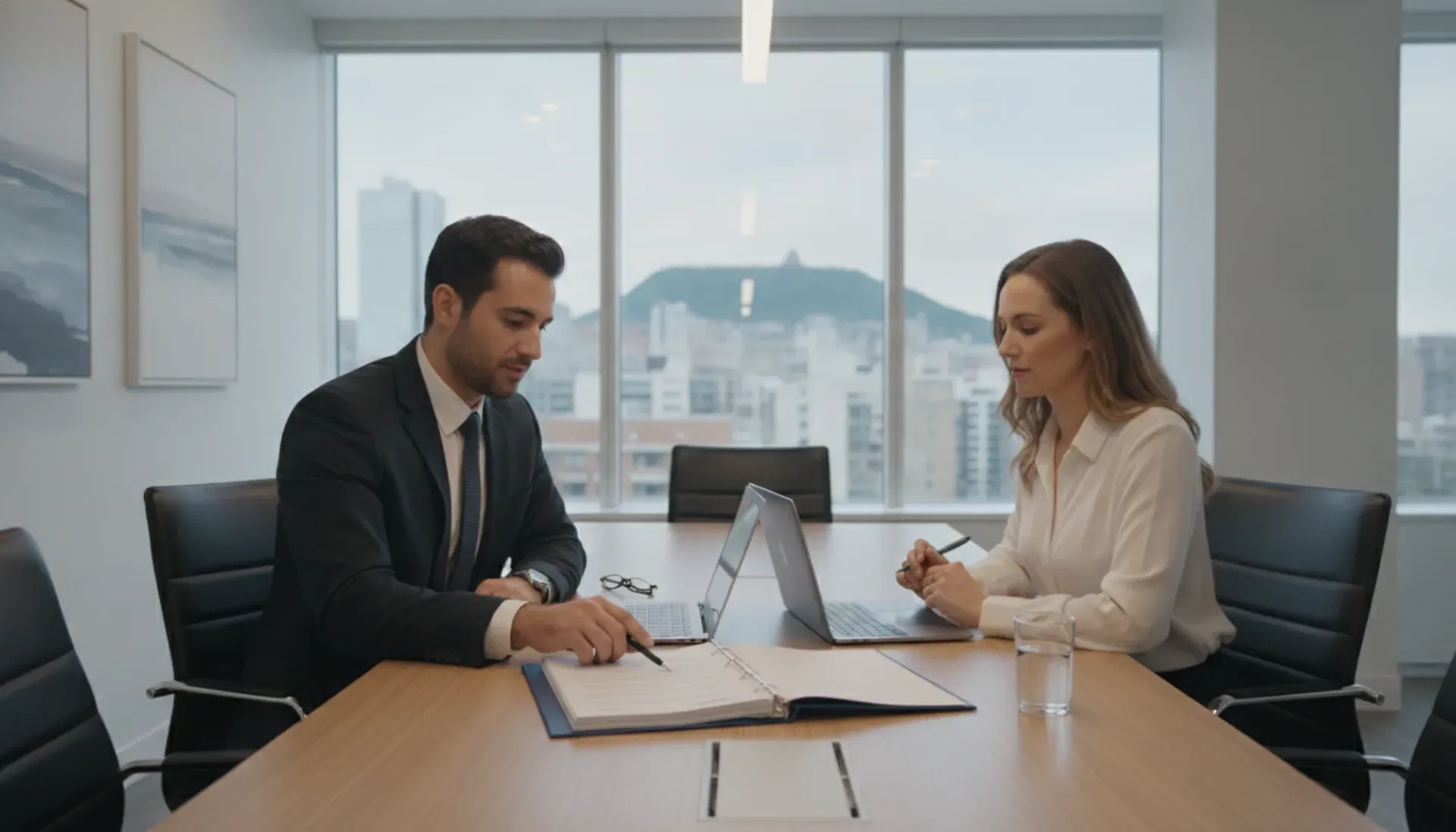 Property manager reviewing management contract with property owner in a Montreal office