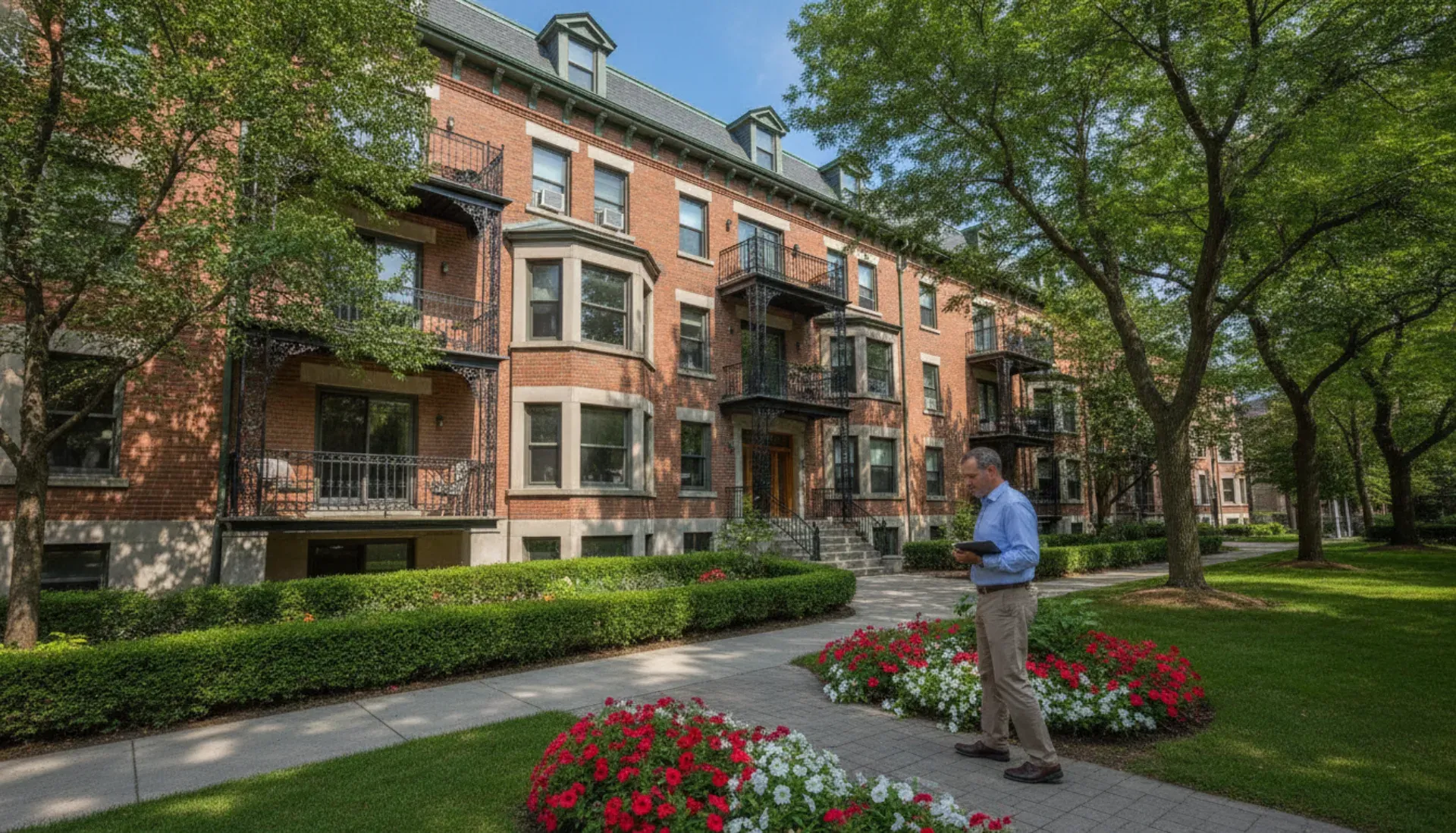 Well-maintained apartment building exterior in Montreal with property manager walkthrough