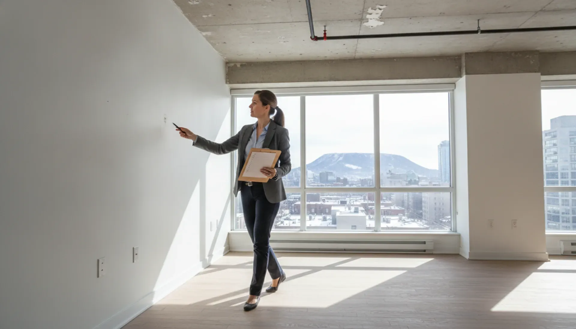 Property manager walking through empty Montreal apartment with checklist inspecting for damage