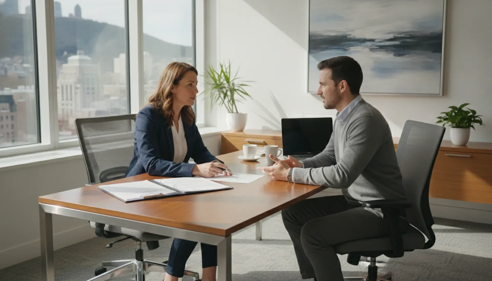 Property manager interviewing rental applicant in bright professional Montreal office
