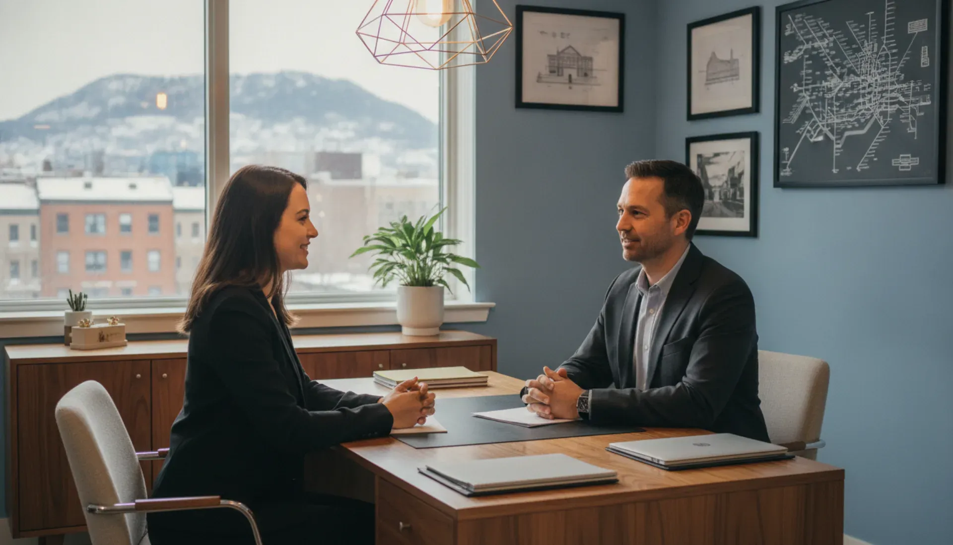 Prospective tenant being interviewed by property manager in Montreal rental office