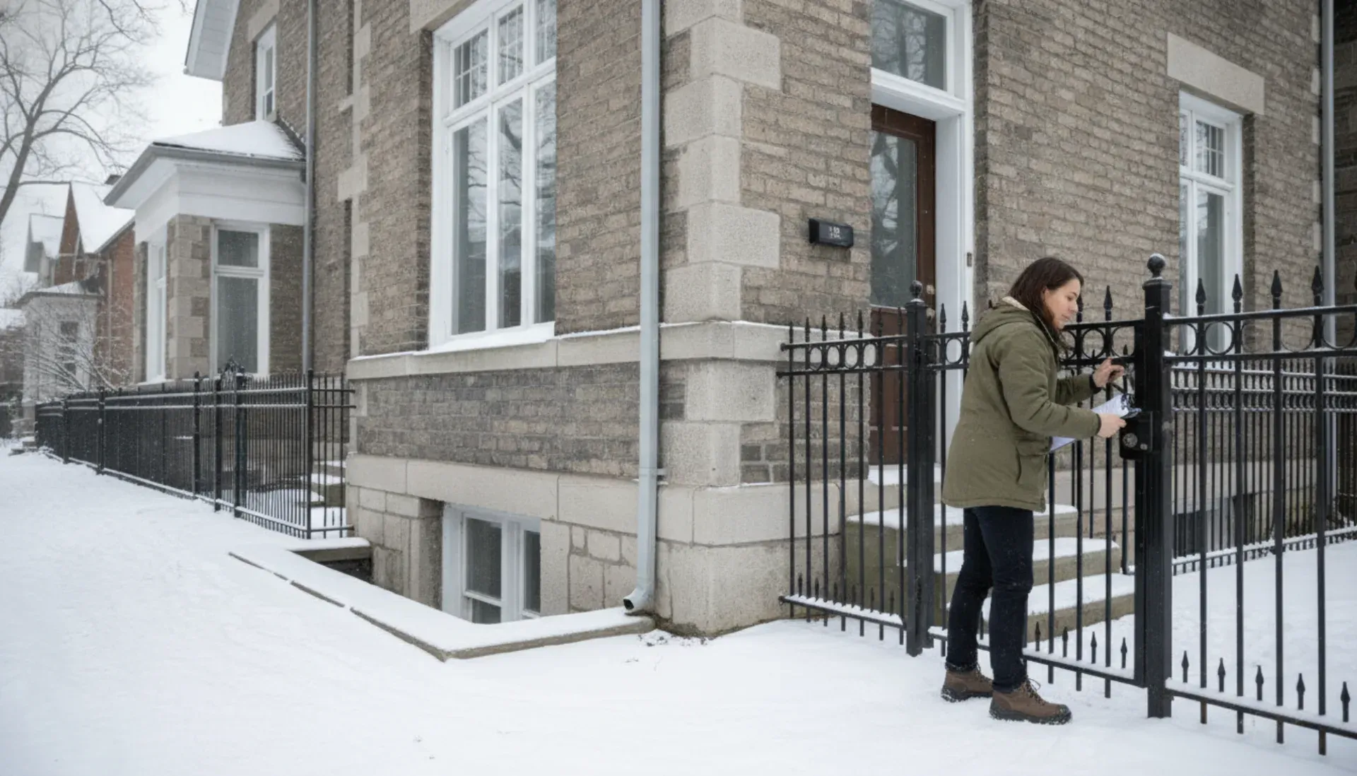Property manager performing security check of vacant Montreal home exterior