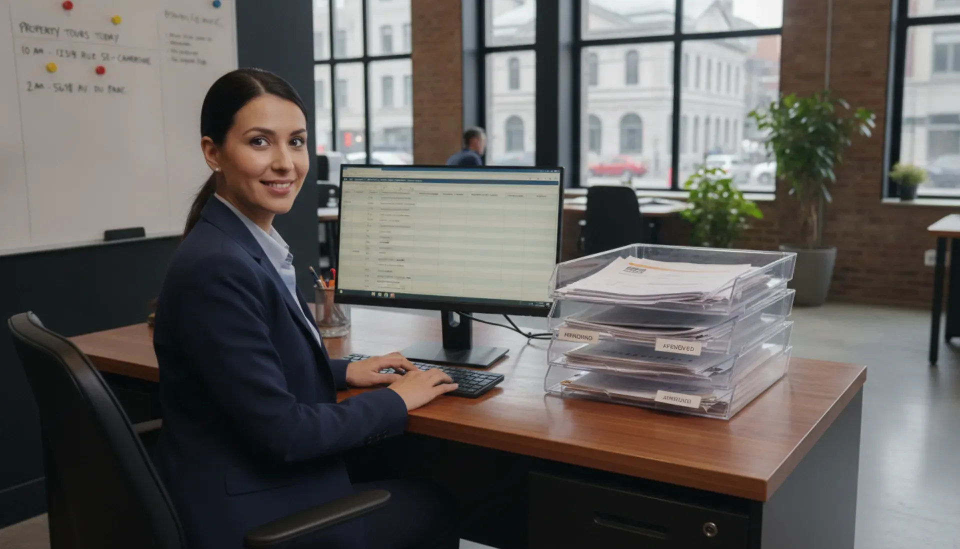 Leasing agent organizing rental applications and property tours at Montreal office