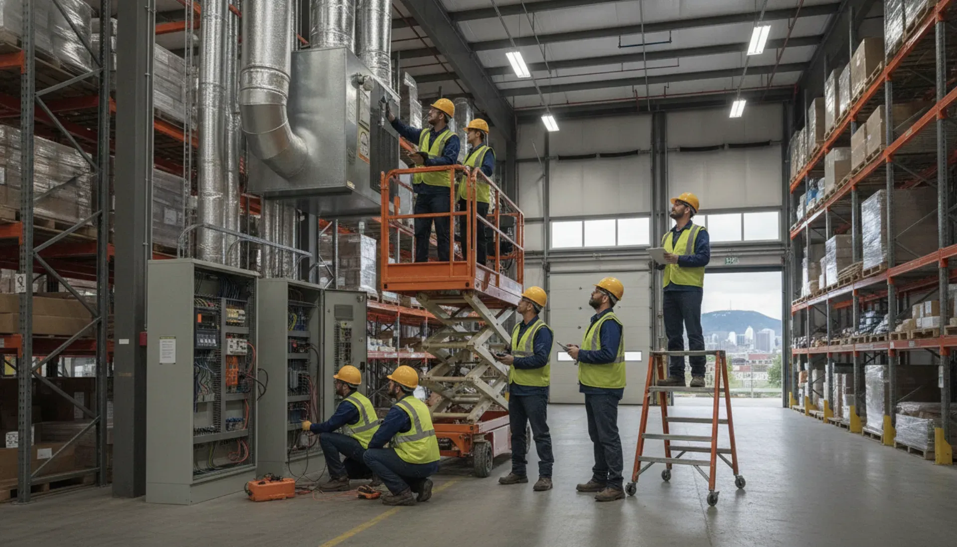 Industrial property maintenance team checking HVAC systems in a Montreal warehouse facility