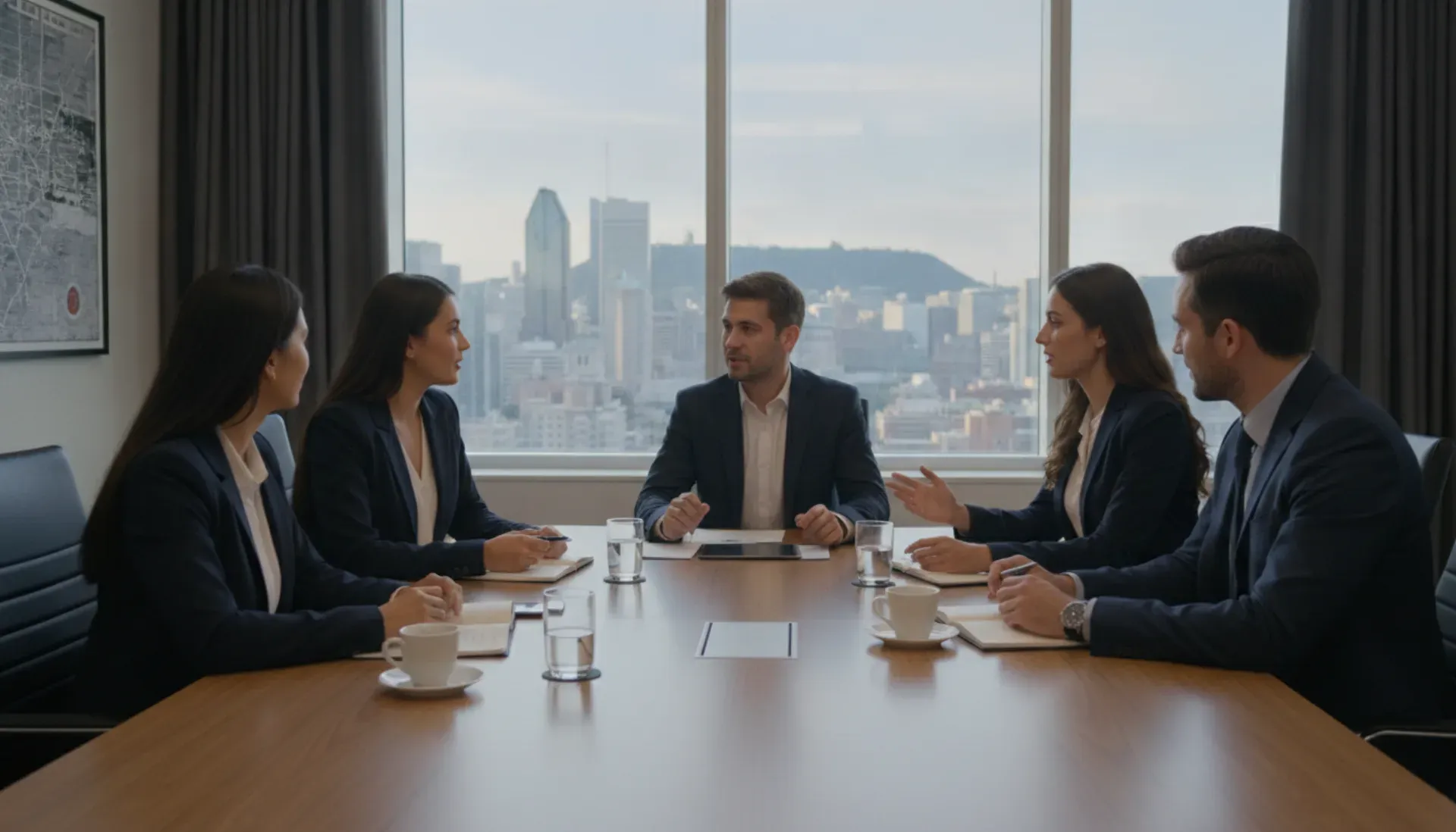 Bilingual property management team meeting in Montreal discussing tenant satisfaction