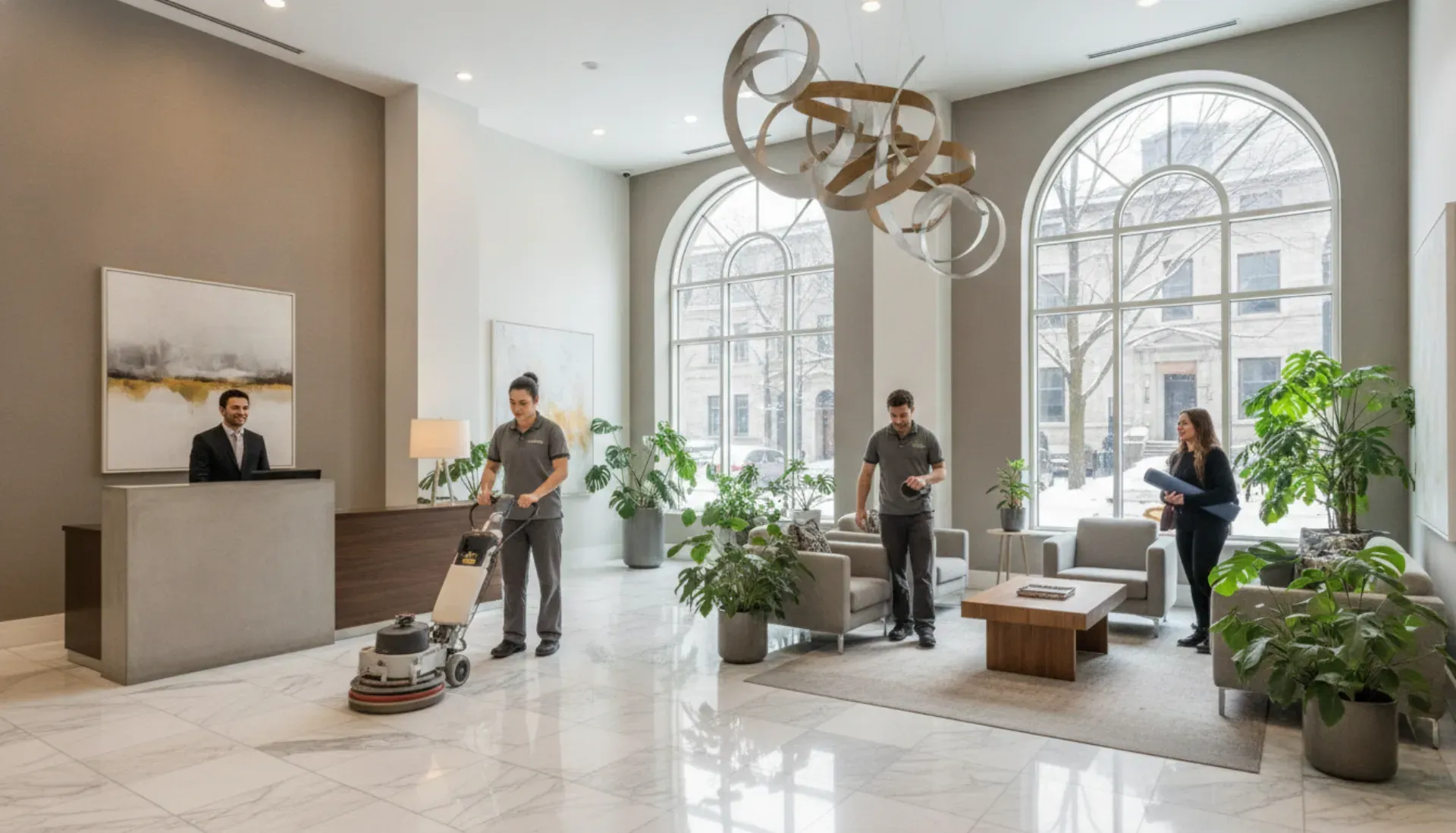 Well-maintained common areas in Montreal apartment building being maintained by staff