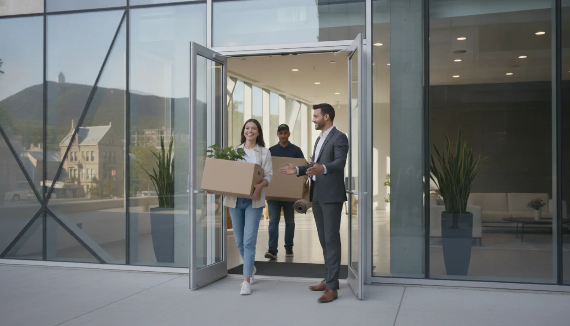 Tenant moving into modern apartment building in Montreal with property manager welcome