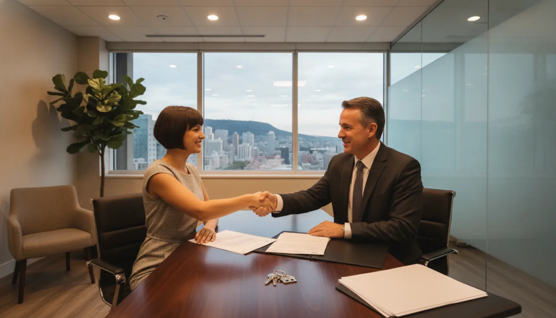 Successful lease signing between tenant and leasing agent in Montreal real estate office
