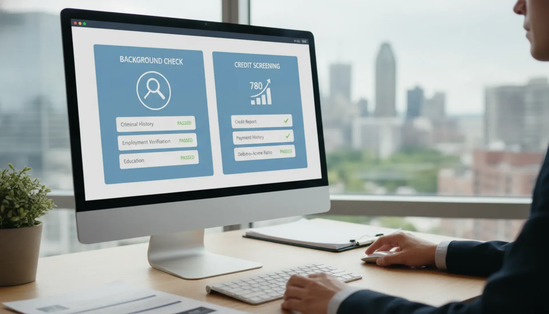 Background check and credit screening on computer in Montreal property management office