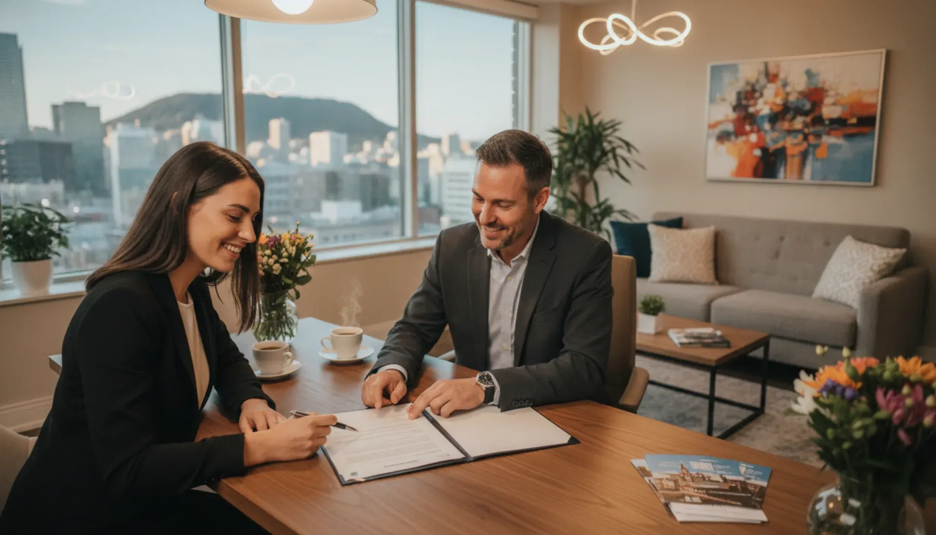 New tenant signing lease agreement with property manager in welcoming Montreal rental office