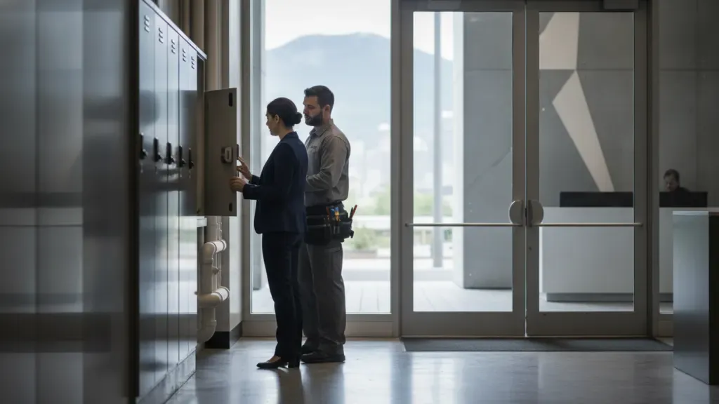 Property manager coordinating maintenance vendor access at a Montreal commercial building