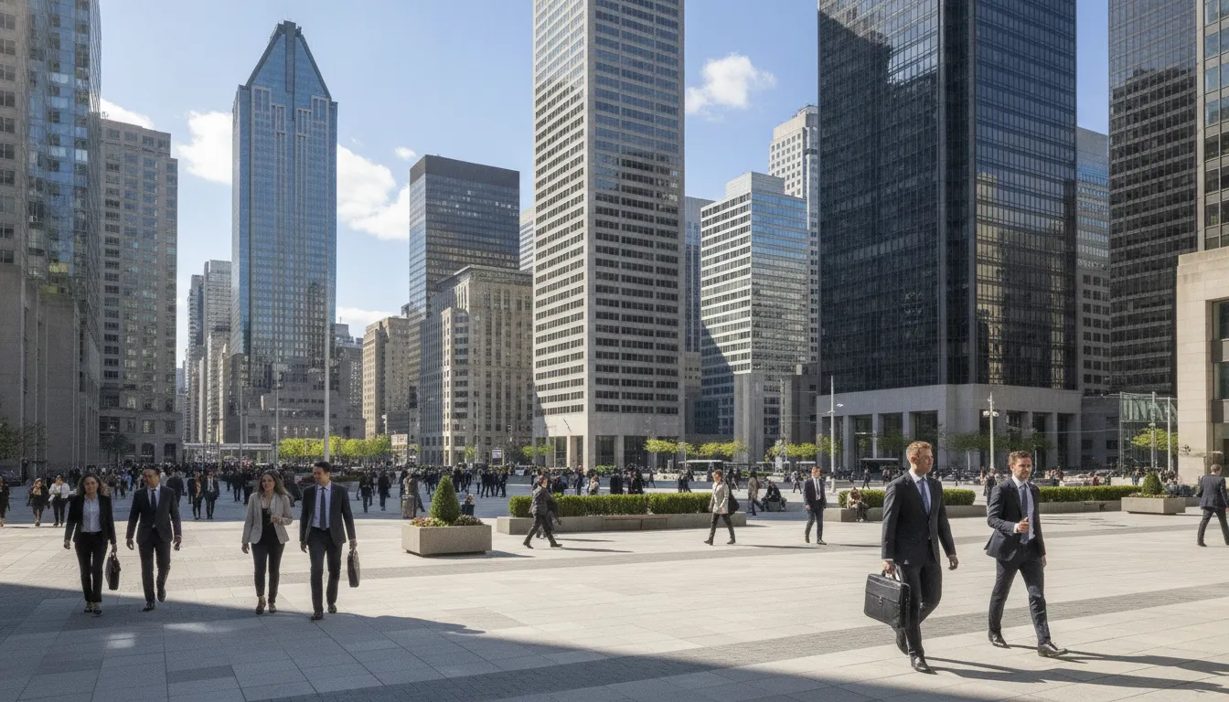 Montreal financial district with modern office towers and business professionals near Place Ville-Marie