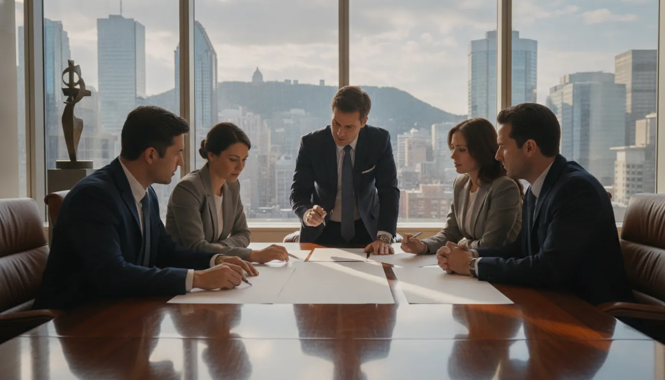Montreal boardroom meeting with financial professionals reviewing documents, city skyline through windows