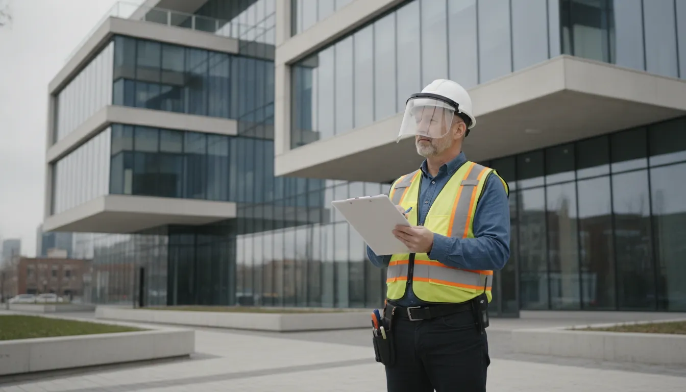 Property manager inspecting a commercial building exterior in Montreal with clipboard and hard hat