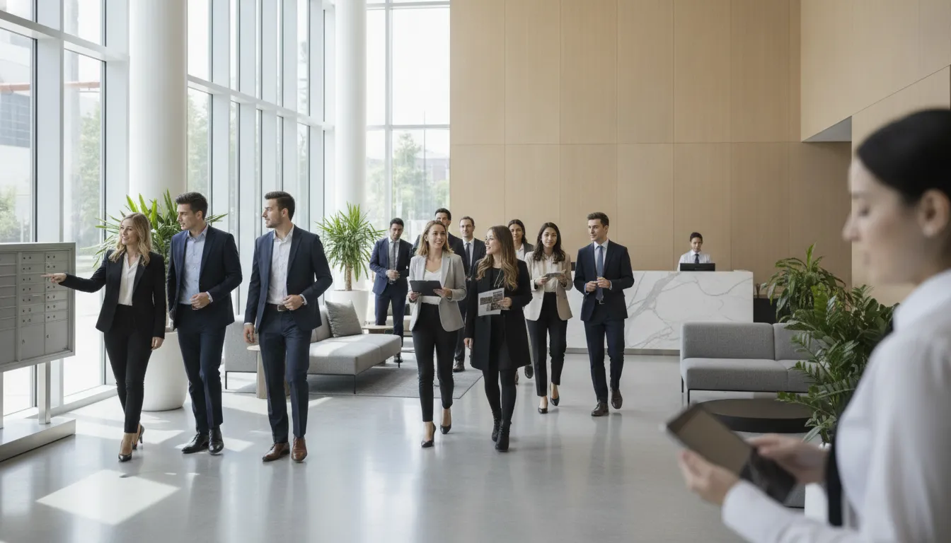 Diverse group walking through a modern Montreal apartment building lobby with natural light