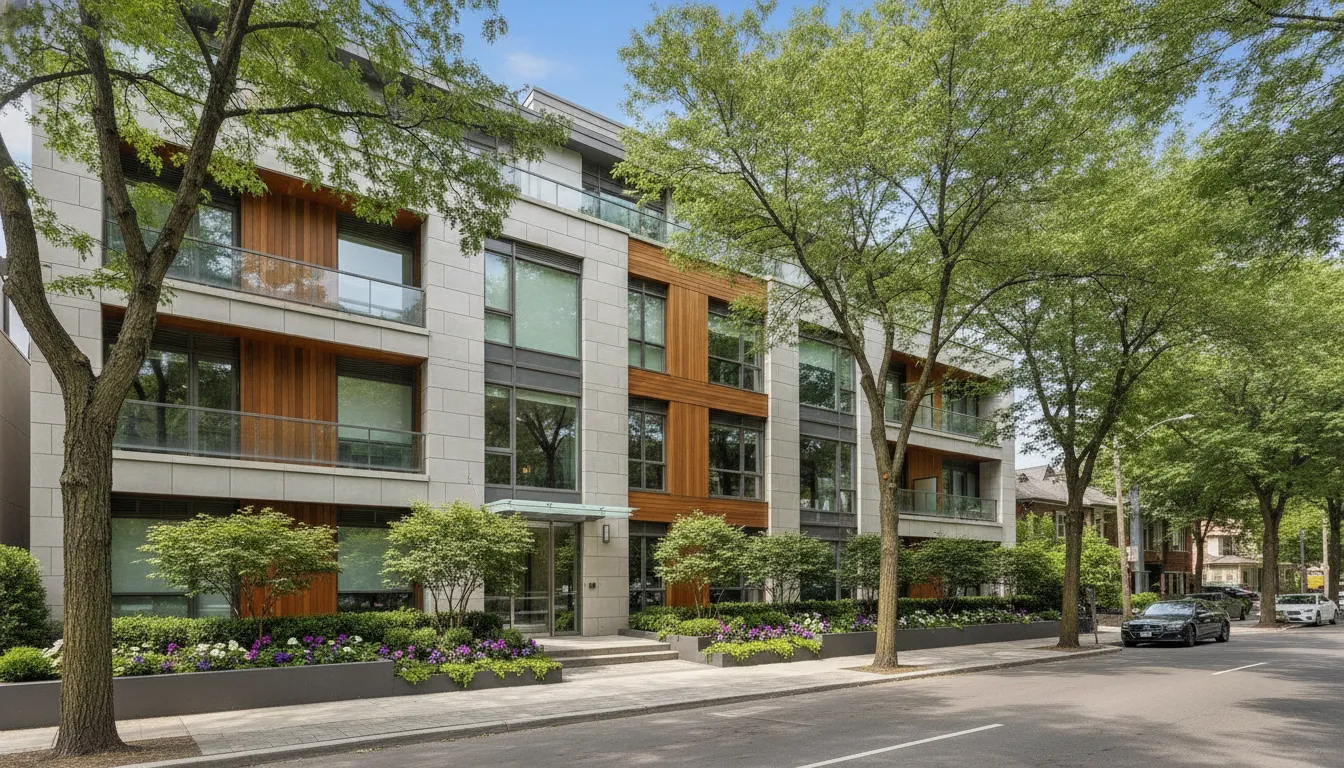 Modern apartment building exterior in Montreal with professional landscaping and tree-lined street