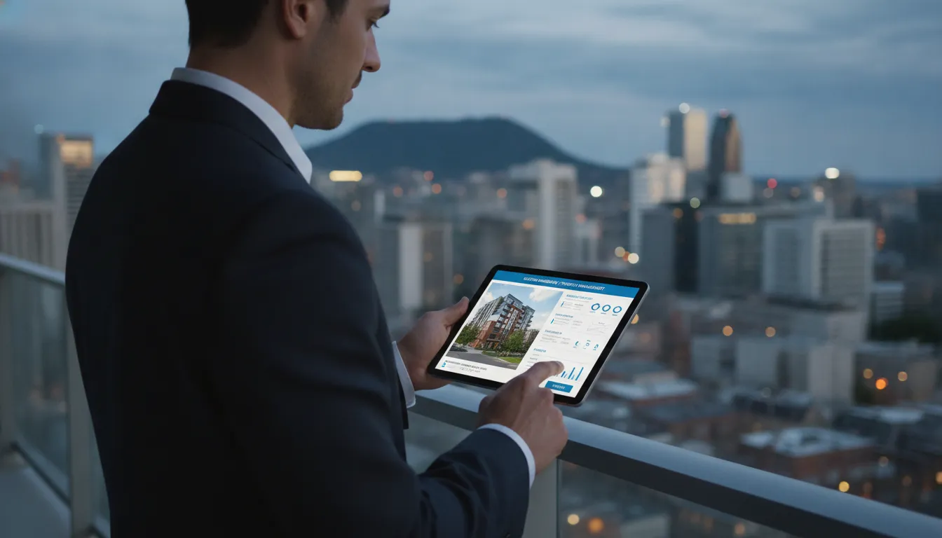 International property investor reviewing a management dashboard on a tablet