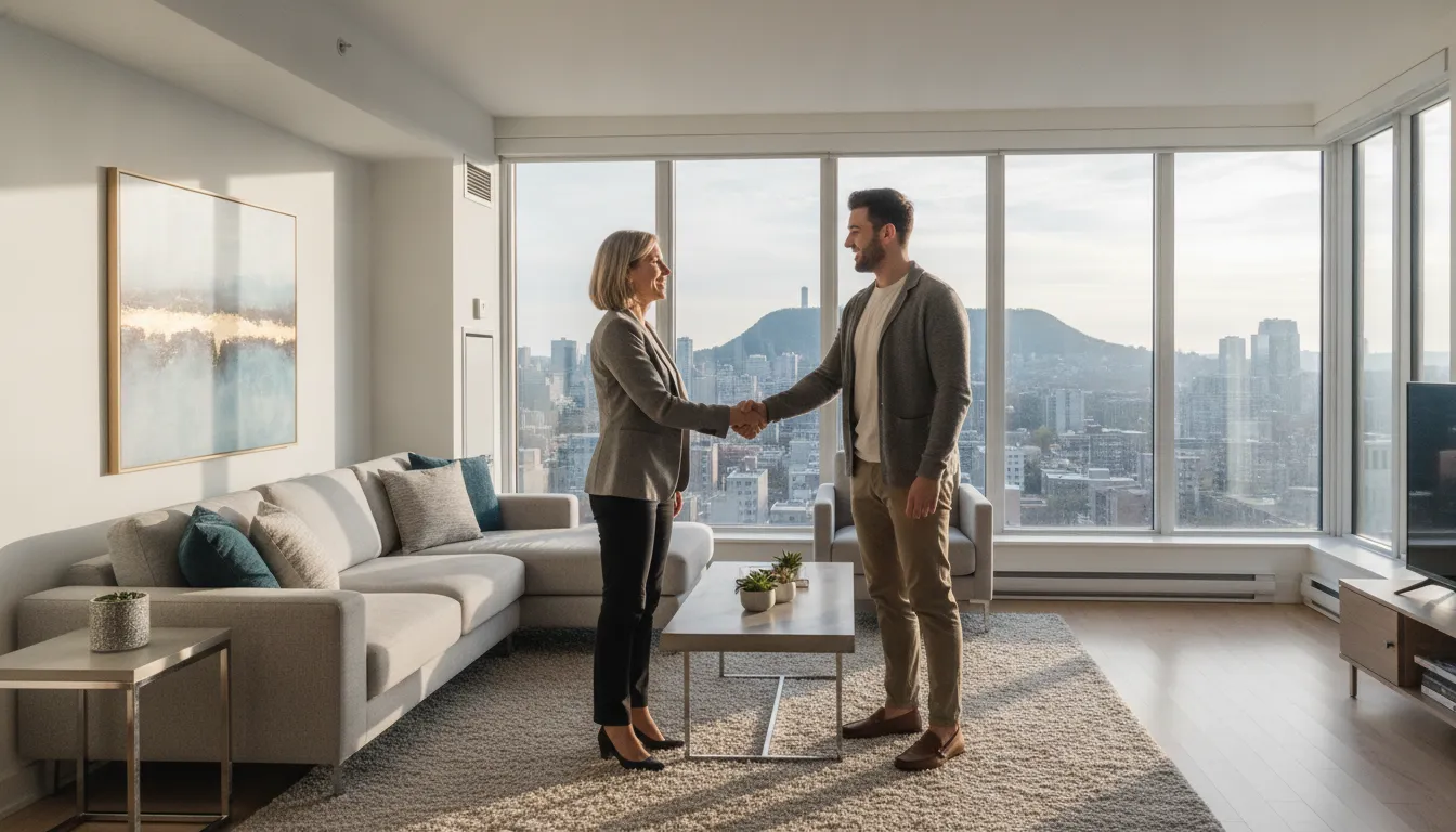 Property manager shaking hands with a tenant in a bright Montreal apartment, professional real estate photography
