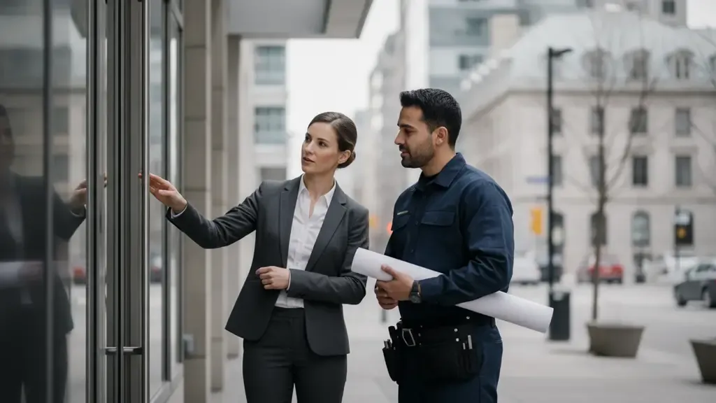 Property manager coordinating emergency maintenance at a Montreal commercial building