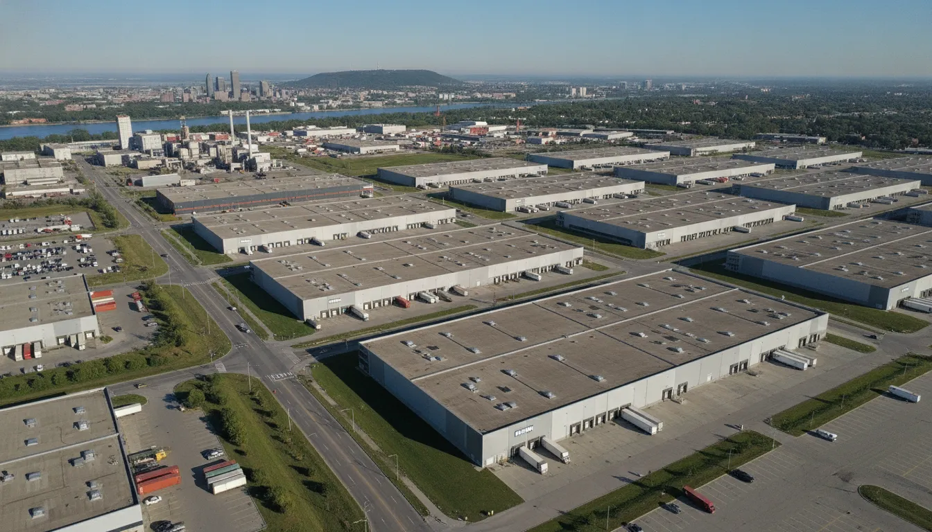Aerial view of industrial park in Montreal showing warehouses, manufacturing facilities, and logistics centers