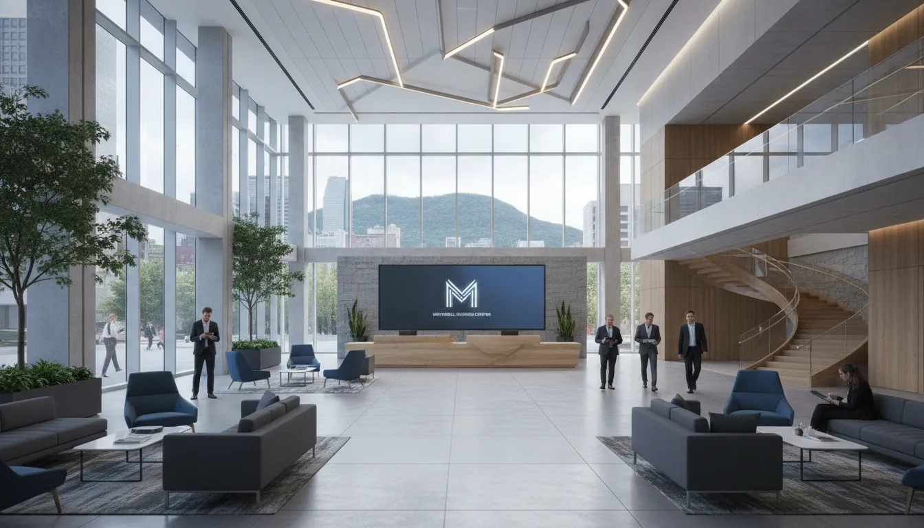 Modern professional Montreal commercial office building lobby with reception area