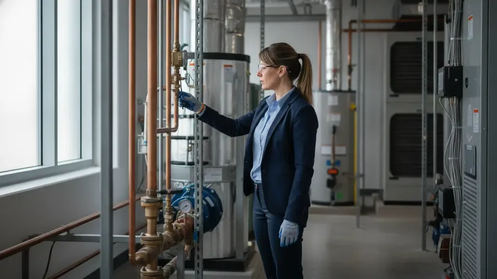 Property manager inspecting mechanical systems in a Montreal building