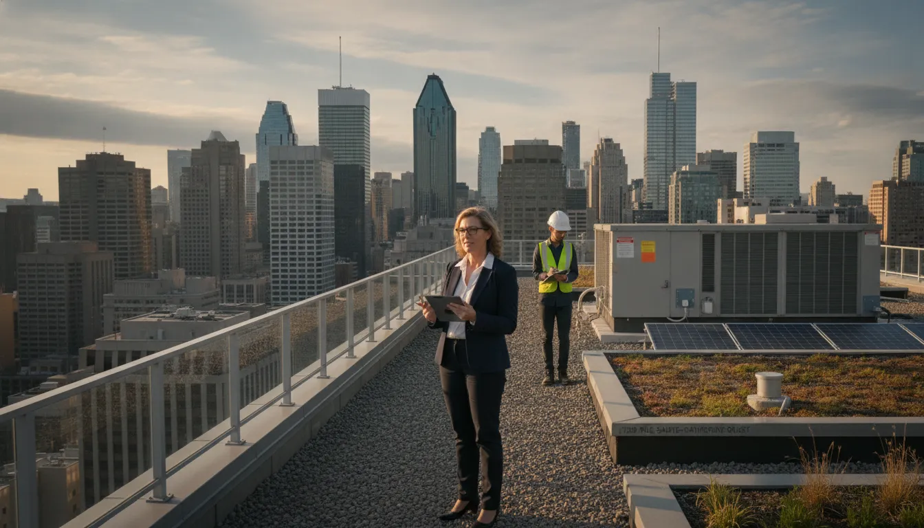 Property management professional inspecting commercial roof with Montreal skyline