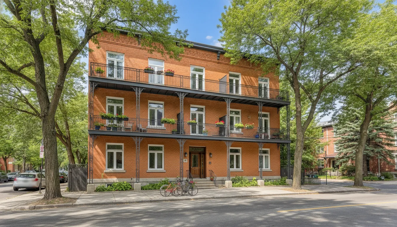 Well-maintained Montreal apartment building with clean brick facade and balconies