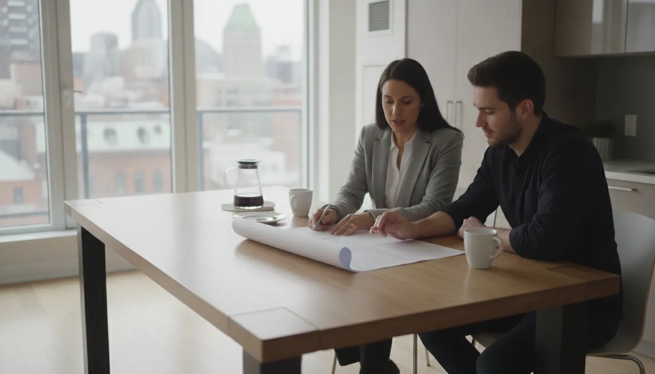 Property manager discussing lease assignment terms with a tenant in a Montreal apartment