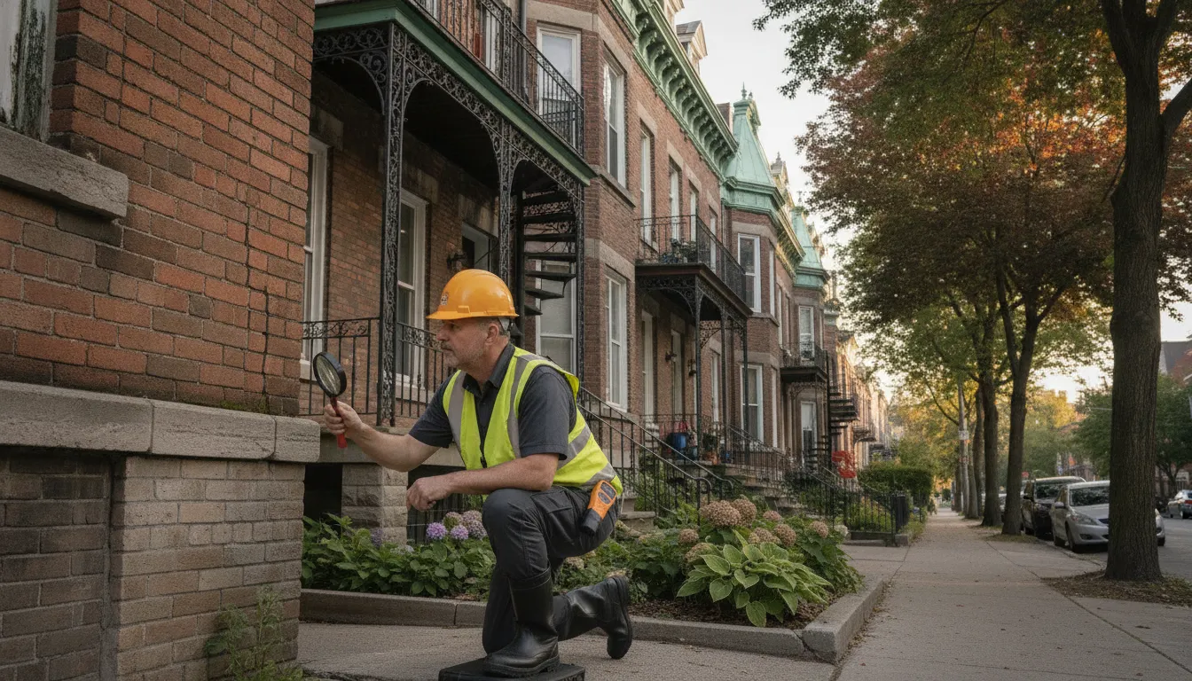 Inspector documenting foundation and exterior conditions of a Montreal triplex during a pre-purchase inspection