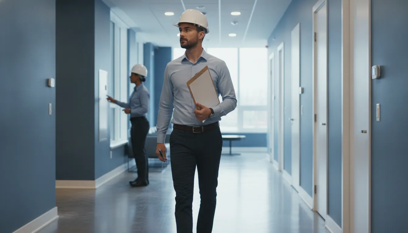 Professional property inspector walking through a clean Montreal residential building common area